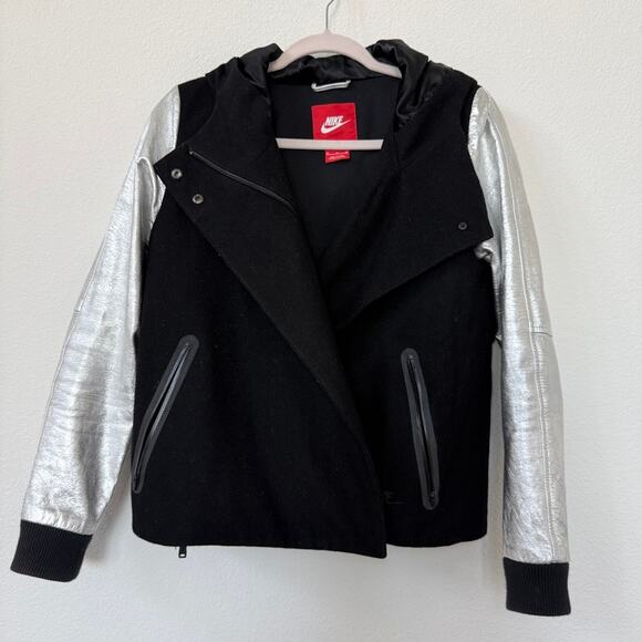 NIKE Wool Leather Sleeve Moto Jacket Black Silver Hooded Medium Women Streetwear - Picture 1 of 7